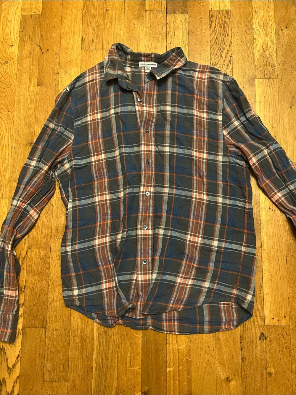 James Perse Navy and Brown Plaid Button-Down Shirt excellent condition small